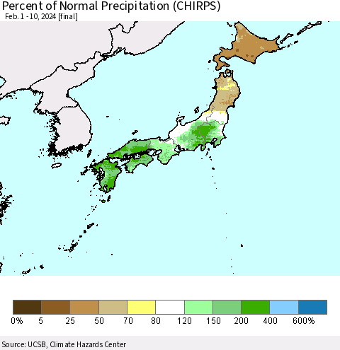 Japan Percent of Normal Precipitation (CHIRPS) Thematic Map For 2/1/2024 - 2/10/2024