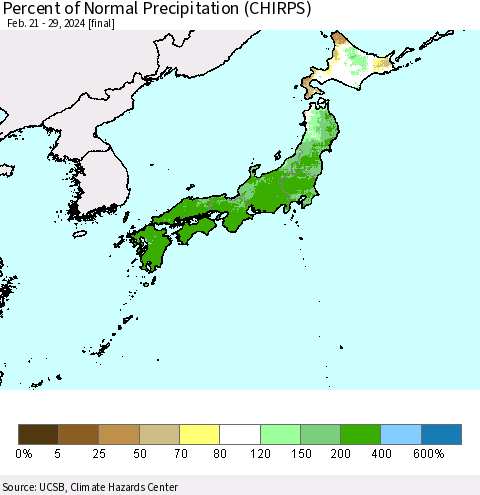 Japan Percent of Normal Precipitation (CHIRPS) Thematic Map For 2/21/2024 - 2/29/2024