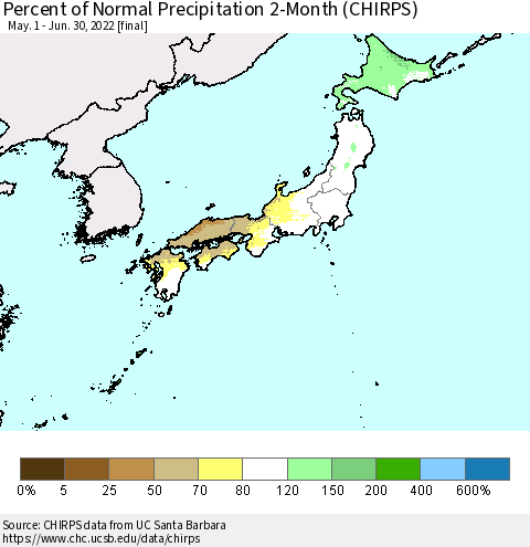 Japan Percent of Normal Precipitation 2-Month (CHIRPS) Thematic Map For 5/1/2022 - 6/30/2022