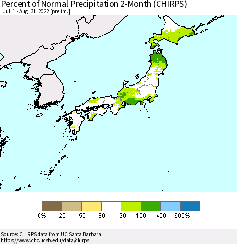 Japan Percent of Normal Precipitation 2-Month (CHIRPS) Thematic Map For 7/1/2022 - 8/31/2022