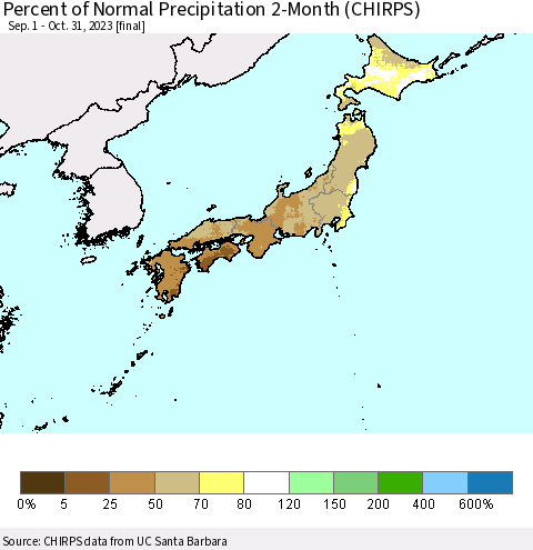 Japan Percent of Normal Precipitation 2-Month (CHIRPS) Thematic Map For 9/1/2023 - 10/31/2023