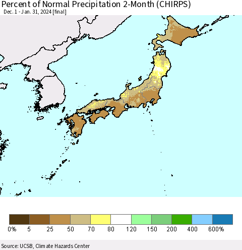 Japan Percent of Normal Precipitation 2-Month (CHIRPS) Thematic Map For 12/1/2023 - 1/31/2024