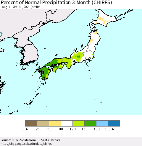Japan Percent of Normal Precipitation 3-Month (CHIRPS) Thematic Map For 8/1/2021 - 10/31/2021