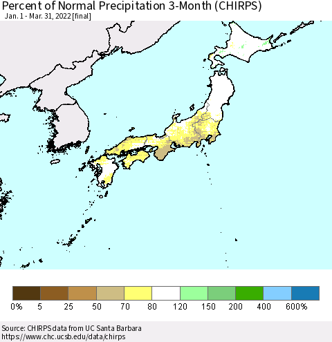 Japan Percent of Normal Precipitation 3-Month (CHIRPS) Thematic Map For 1/1/2022 - 3/31/2022