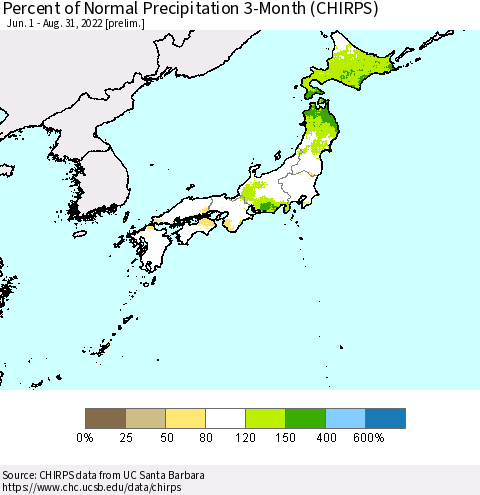 Japan Percent of Normal Precipitation 3-Month (CHIRPS) Thematic Map For 6/1/2022 - 8/31/2022