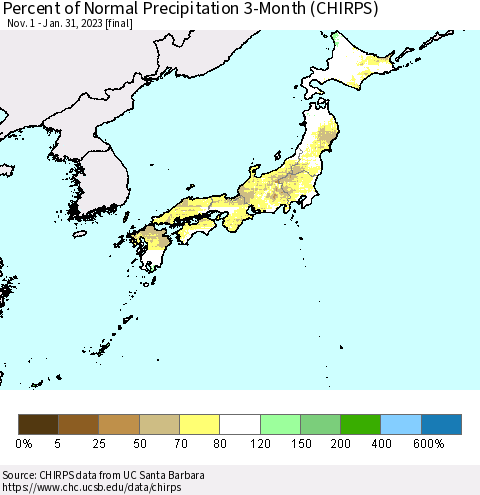 Japan Percent of Normal Precipitation 3-Month (CHIRPS) Thematic Map For 11/1/2022 - 1/31/2023