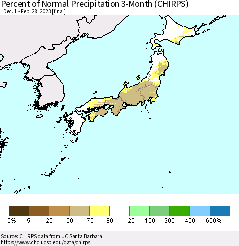 Japan Percent of Normal Precipitation 3-Month (CHIRPS) Thematic Map For 12/1/2022 - 2/28/2023