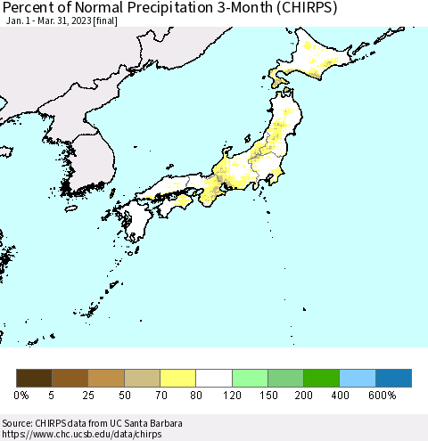 Japan Percent of Normal Precipitation 3-Month (CHIRPS) Thematic Map For 1/1/2023 - 3/31/2023