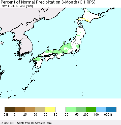 Japan Percent of Normal Precipitation 3-Month (CHIRPS) Thematic Map For 5/1/2023 - 7/31/2023