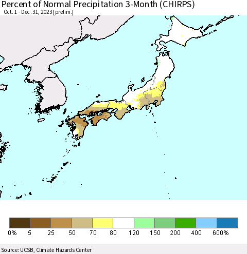 Japan Percent of Normal Precipitation 3-Month (CHIRPS) Thematic Map For 10/1/2023 - 12/31/2023