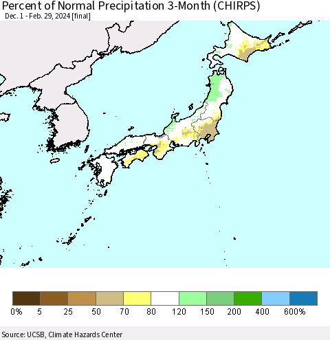 Japan Percent of Normal Precipitation 3-Month (CHIRPS) Thematic Map For 12/1/2023 - 2/29/2024