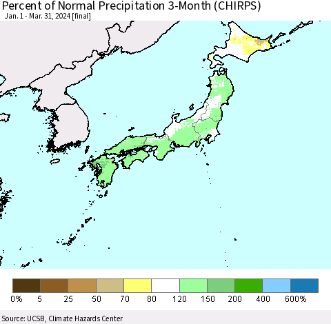 Japan Percent of Normal Precipitation 3-Month (CHIRPS) Thematic Map For 1/1/2024 - 3/31/2024