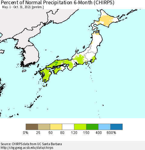 Japan Percent of Normal Precipitation 6-Month (CHIRPS) Thematic Map For 5/1/2021 - 10/31/2021