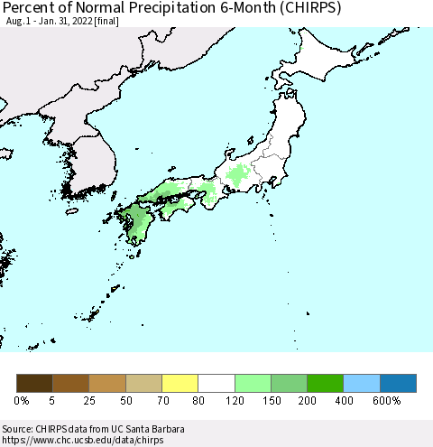 Japan Percent of Normal Precipitation 6-Month (CHIRPS) Thematic Map For 8/1/2021 - 1/31/2022