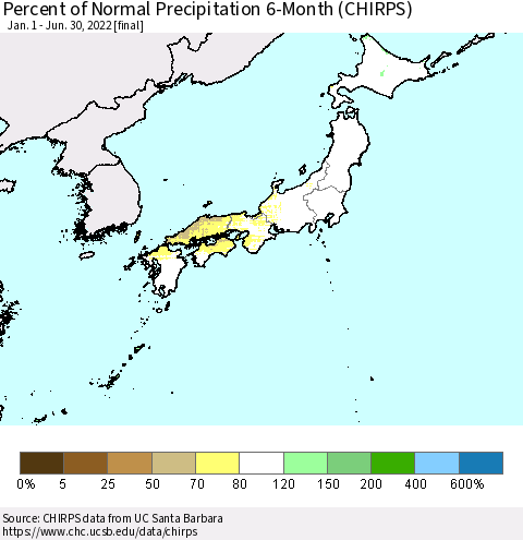 Japan Percent of Normal Precipitation 6-Month (CHIRPS) Thematic Map For 1/1/2022 - 6/30/2022