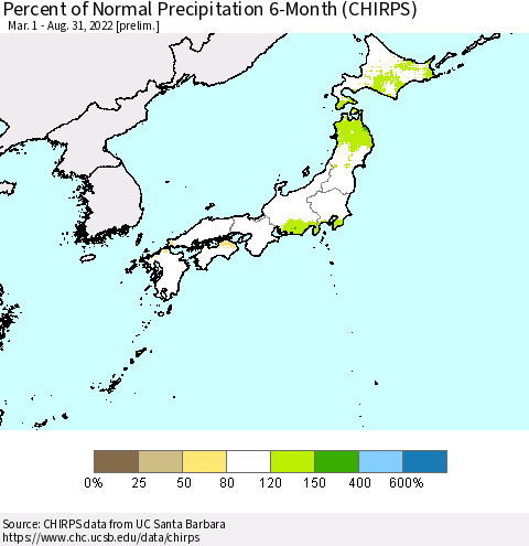 Japan Percent of Normal Precipitation 6-Month (CHIRPS) Thematic Map For 3/1/2022 - 8/31/2022