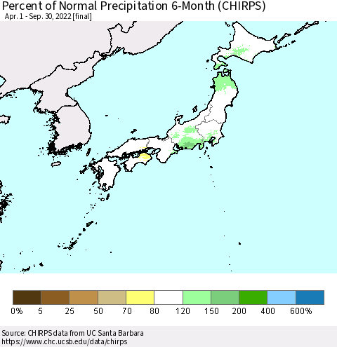 Japan Percent of Normal Precipitation 6-Month (CHIRPS) Thematic Map For 4/1/2022 - 9/30/2022