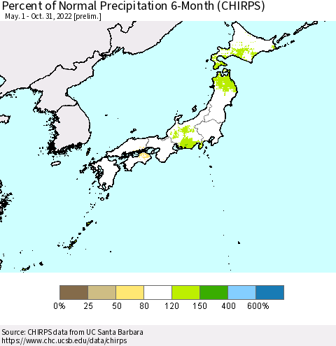 Japan Percent of Normal Precipitation 6-Month (CHIRPS) Thematic Map For 5/1/2022 - 10/31/2022