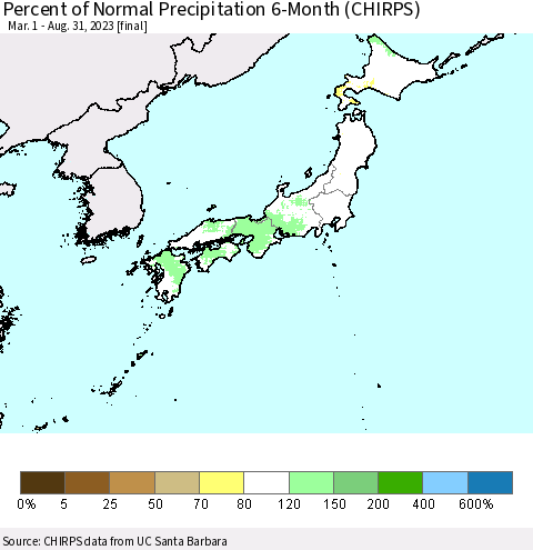 Japan Percent of Normal Precipitation 6-Month (CHIRPS) Thematic Map For 3/1/2023 - 8/31/2023