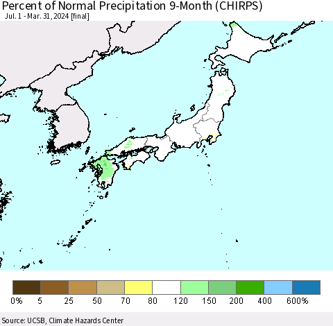 Japan Percent of Normal Precipitation 9-Month (CHIRPS) Thematic Map For 7/1/2023 - 3/31/2024