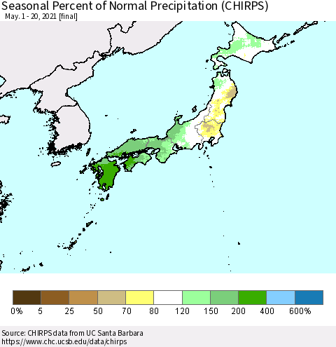 Japan Seasonal Percent of Normal Precipitation (CHIRPS) Thematic Map For 5/1/2021 - 5/20/2021