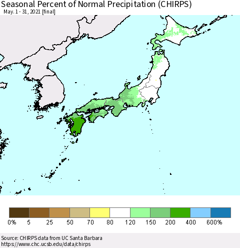 Japan Seasonal Percent of Normal Precipitation (CHIRPS) Thematic Map For 5/1/2021 - 5/31/2021