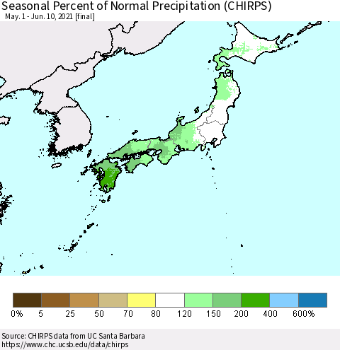 Japan Seasonal Percent of Normal Precipitation (CHIRPS) Thematic Map For 5/1/2021 - 6/10/2021