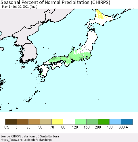 Japan Seasonal Percent of Normal Precipitation (CHIRPS) Thematic Map For 5/1/2021 - 7/10/2021