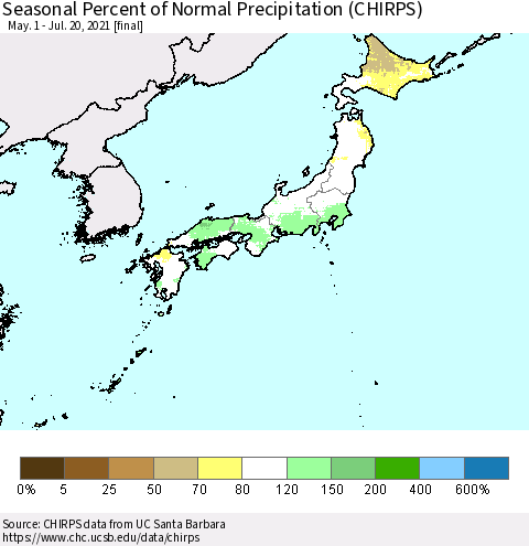 Japan Seasonal Percent of Normal Precipitation (CHIRPS) Thematic Map For 5/1/2021 - 7/20/2021