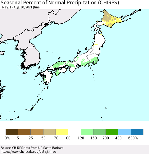 Japan Seasonal Percent of Normal Precipitation (CHIRPS) Thematic Map For 5/1/2021 - 8/10/2021
