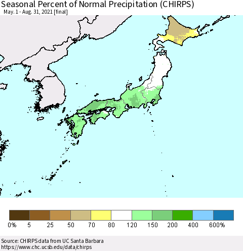 Japan Seasonal Percent of Normal Precipitation (CHIRPS) Thematic Map For 5/1/2021 - 8/31/2021