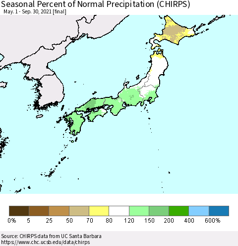 Japan Seasonal Percent of Normal Precipitation (CHIRPS) Thematic Map For 5/1/2021 - 9/30/2021