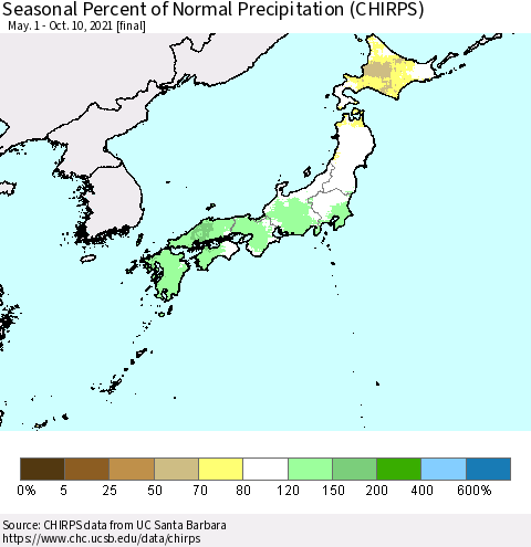Japan Seasonal Percent of Normal Precipitation (CHIRPS) Thematic Map For 5/1/2021 - 10/10/2021