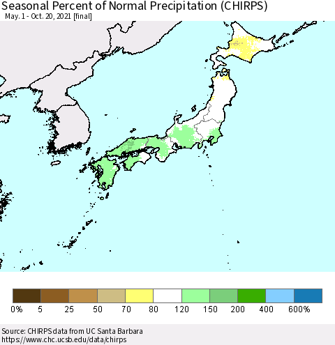 Japan Seasonal Percent of Normal Precipitation (CHIRPS) Thematic Map For 5/1/2021 - 10/20/2021