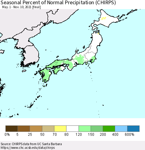 Japan Seasonal Percent of Normal Precipitation (CHIRPS) Thematic Map For 5/1/2021 - 11/10/2021