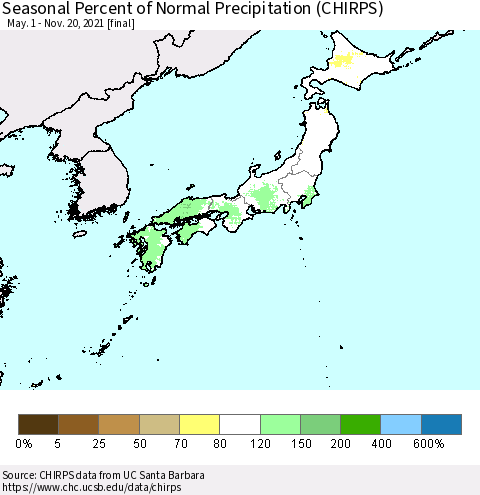 Japan Seasonal Percent of Normal Precipitation (CHIRPS) Thematic Map For 5/1/2021 - 11/20/2021