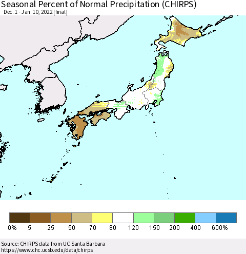 Japan Seasonal Percent of Normal Precipitation (CHIRPS) Thematic Map For 12/1/2021 - 1/10/2022