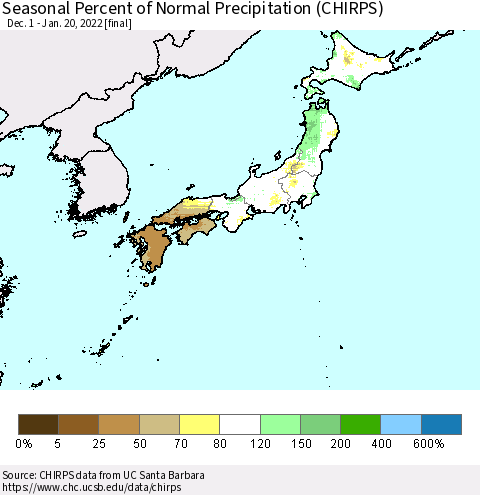 Japan Seasonal Percent of Normal Precipitation (CHIRPS) Thematic Map For 12/1/2021 - 1/20/2022