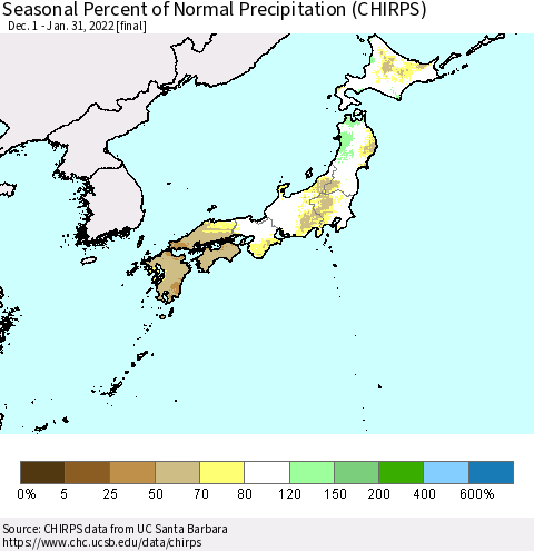 Japan Seasonal Percent of Normal Precipitation (CHIRPS) Thematic Map For 12/1/2021 - 1/31/2022