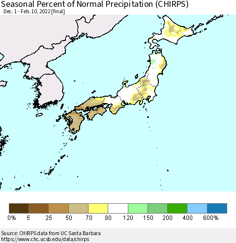 Japan Seasonal Percent of Normal Precipitation (CHIRPS) Thematic Map For 12/1/2021 - 2/10/2022