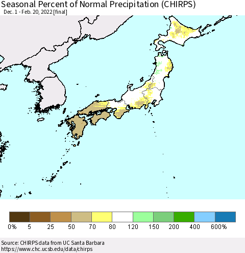 Japan Seasonal Percent of Normal Precipitation (CHIRPS) Thematic Map For 12/1/2021 - 2/20/2022