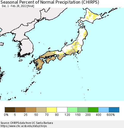 Japan Seasonal Percent of Normal Precipitation (CHIRPS) Thematic Map For 12/1/2021 - 2/28/2022