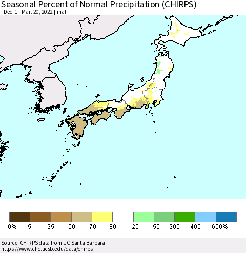 Japan Seasonal Percent of Normal Precipitation (CHIRPS) Thematic Map For 12/1/2021 - 3/20/2022
