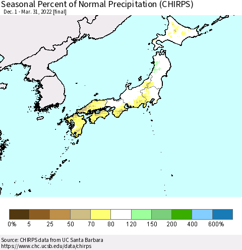 Japan Seasonal Percent of Normal Precipitation (CHIRPS) Thematic Map For 12/1/2021 - 3/31/2022