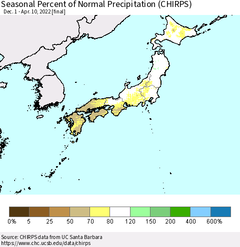 Japan Seasonal Percent of Normal Precipitation (CHIRPS) Thematic Map For 12/1/2021 - 4/10/2022