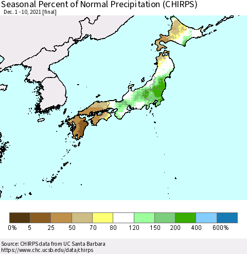 Japan Seasonal Percent of Normal Precipitation (CHIRPS) Thematic Map For 12/1/2021 - 12/10/2021