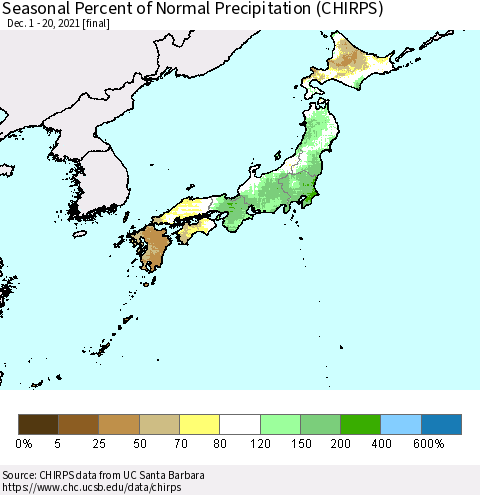Japan Seasonal Percent of Normal Precipitation (CHIRPS) Thematic Map For 12/1/2021 - 12/20/2021