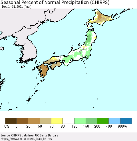Japan Seasonal Percent of Normal Precipitation (CHIRPS) Thematic Map For 12/1/2021 - 12/31/2021