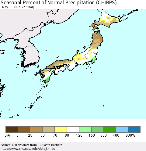 Japan Seasonal Percent of Normal Precipitation (CHIRPS) Thematic Map For 5/1/2022 - 5/20/2022