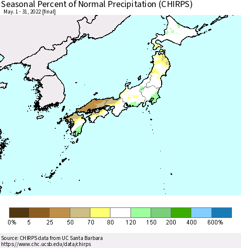 Japan Seasonal Percent of Normal Precipitation (CHIRPS) Thematic Map For 5/1/2022 - 5/31/2022